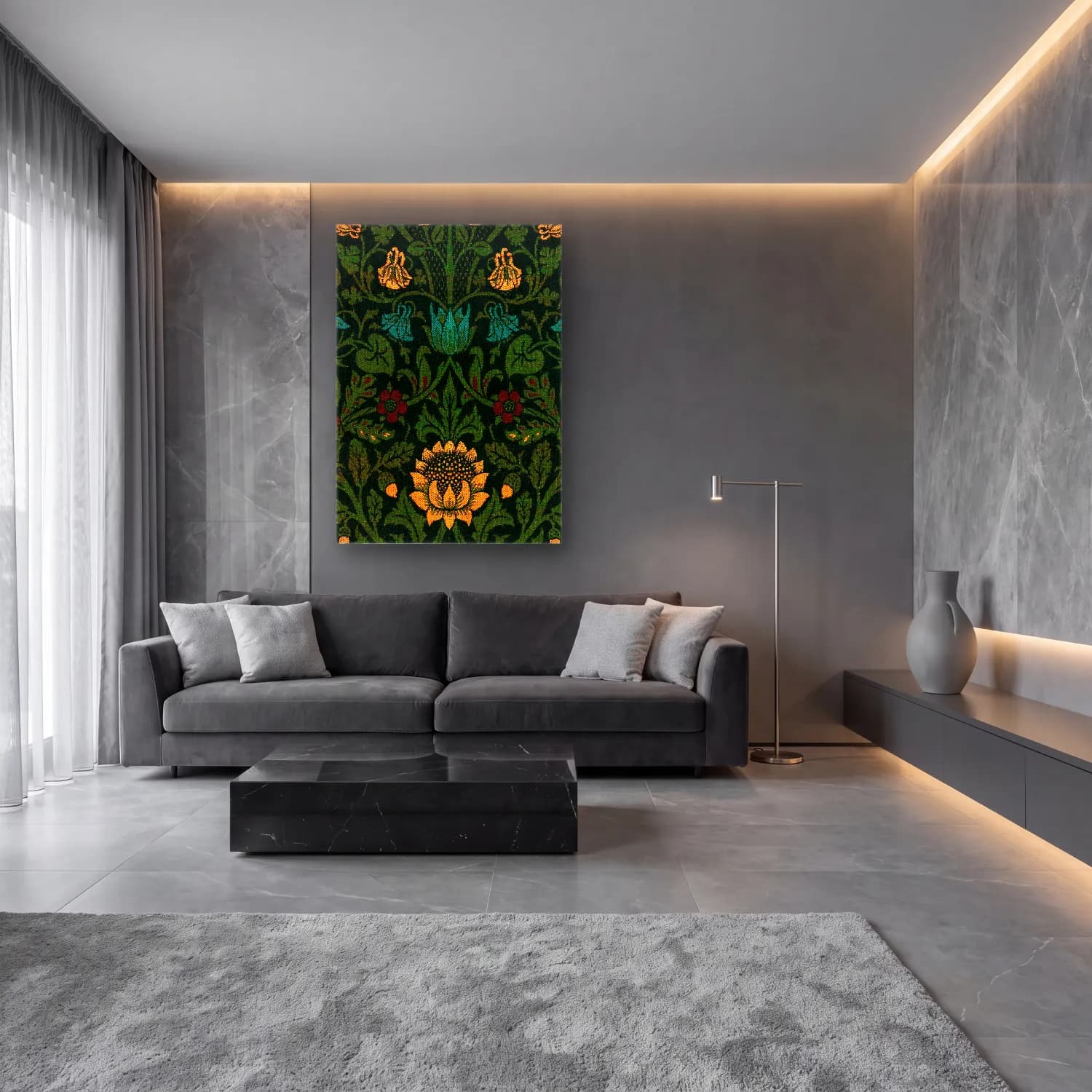 Maksimalist Çiçek Deseni No. 96 cam tablo — lüks salon duvarında