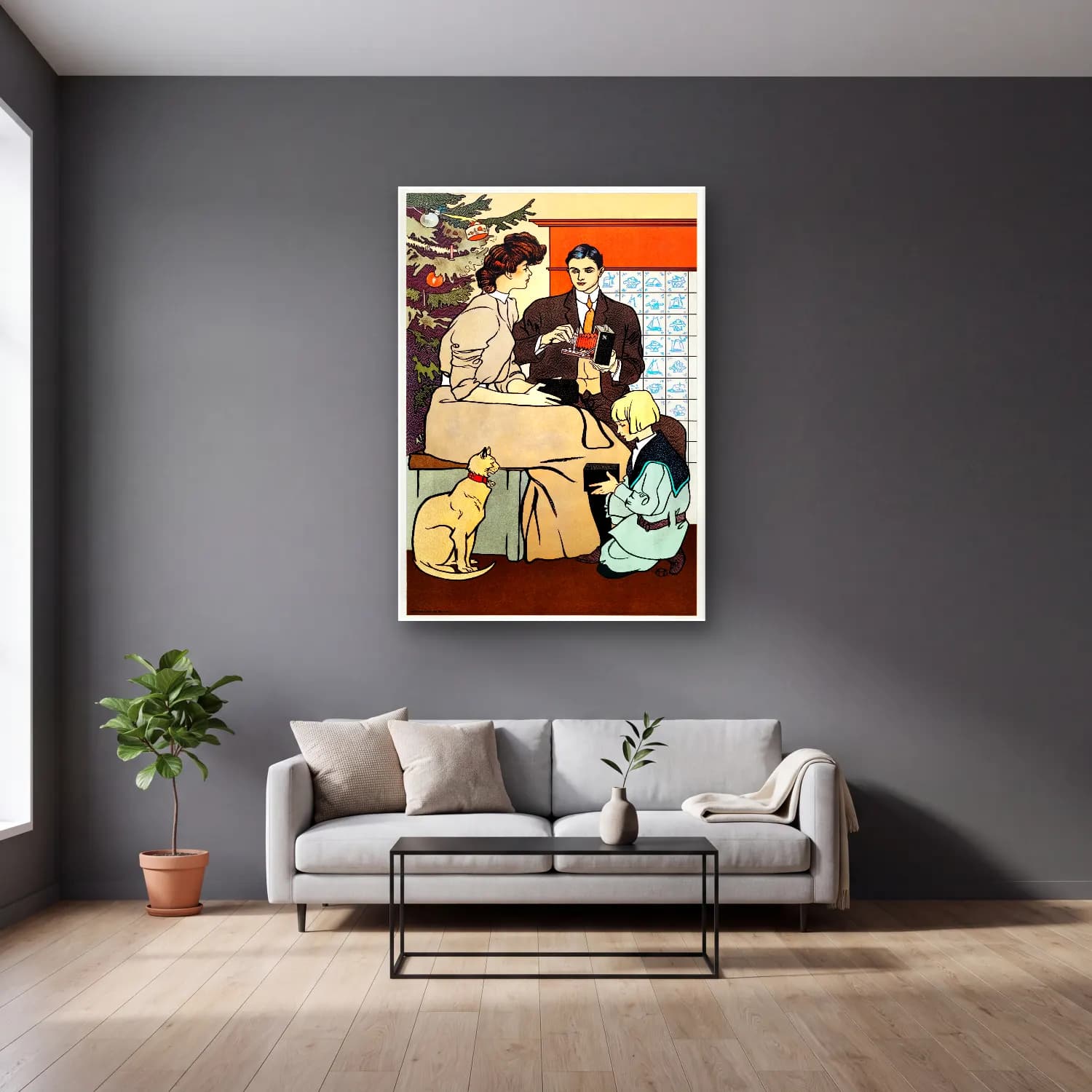 Vintage Poster Vintage İç Mekân – Siyah Beyaz Tonlar cam tablo — gri duvarlı salonda