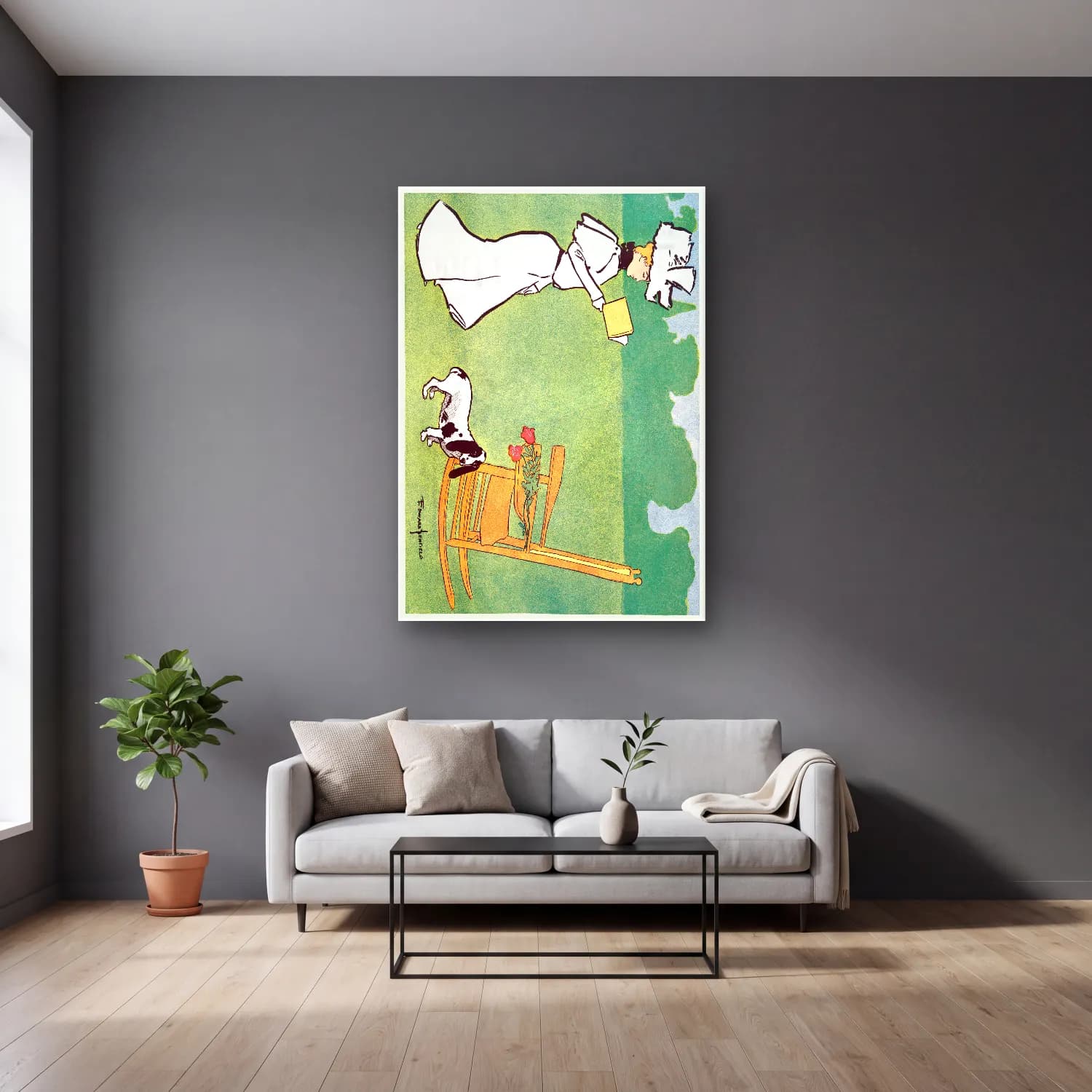 Vintage Poster Köpek No. 7 cam tablo — gri duvarlı salonda