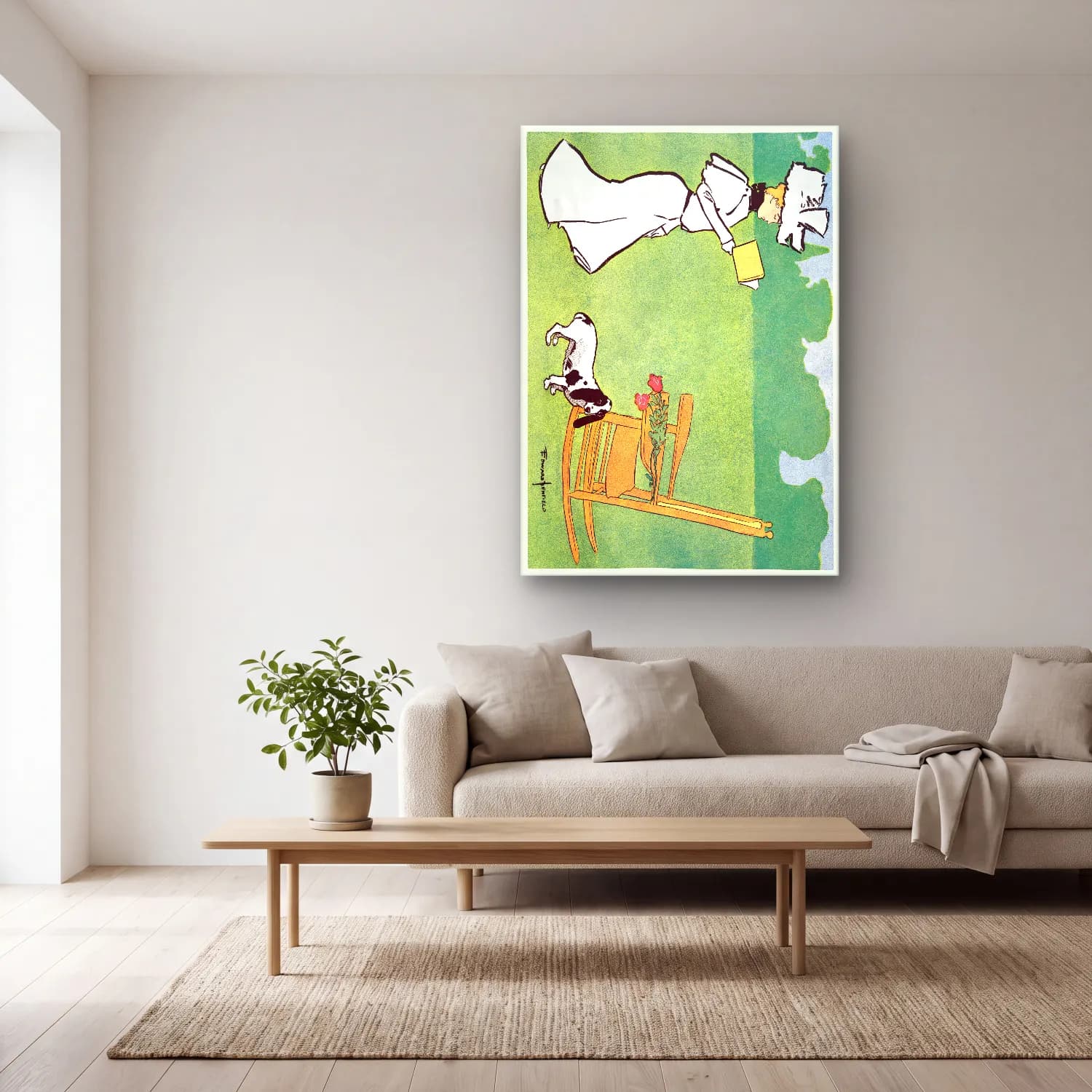 Vintage Poster Köpek No. 7 cam tablo — açık renk salonda