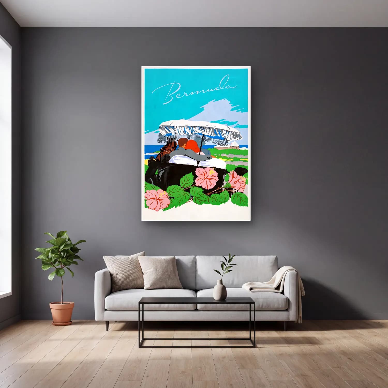 Vintage Poster Sahilde İnsanlar No. 8 cam tablo — gri duvarlı salonda