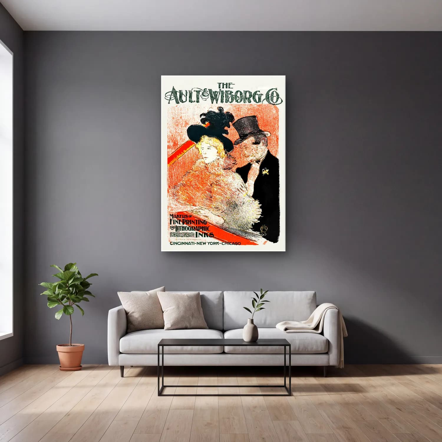 Vintage Poster Şapkalı Kadın – Kırmızı Tonlar cam tablo — gri duvarlı salonda