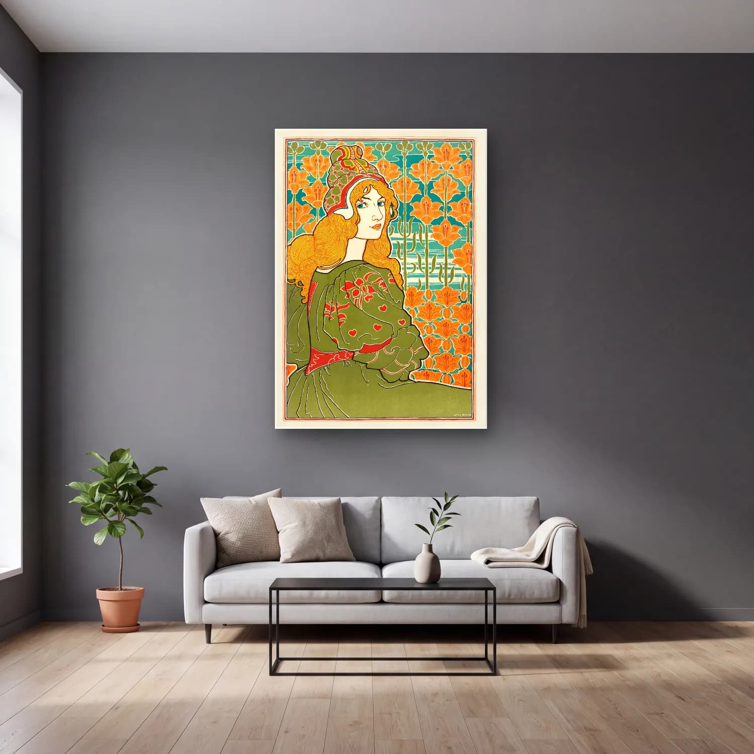 Vintage Poster Elbiseli Kadın No. 18 cam tablo — gri duvarlı salonda