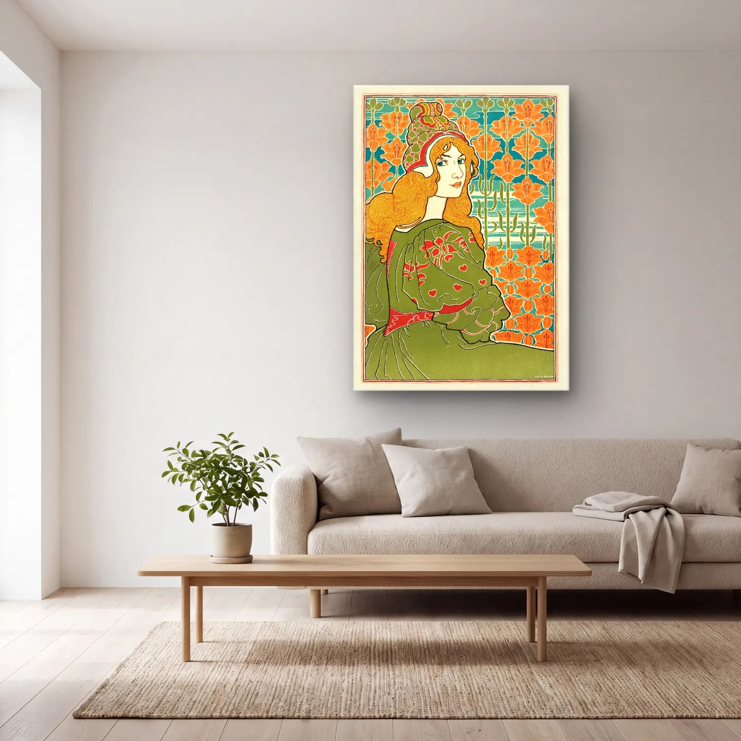 Vintage Poster Elbiseli Kadın No. 18 cam tablo — açık renk salonda
