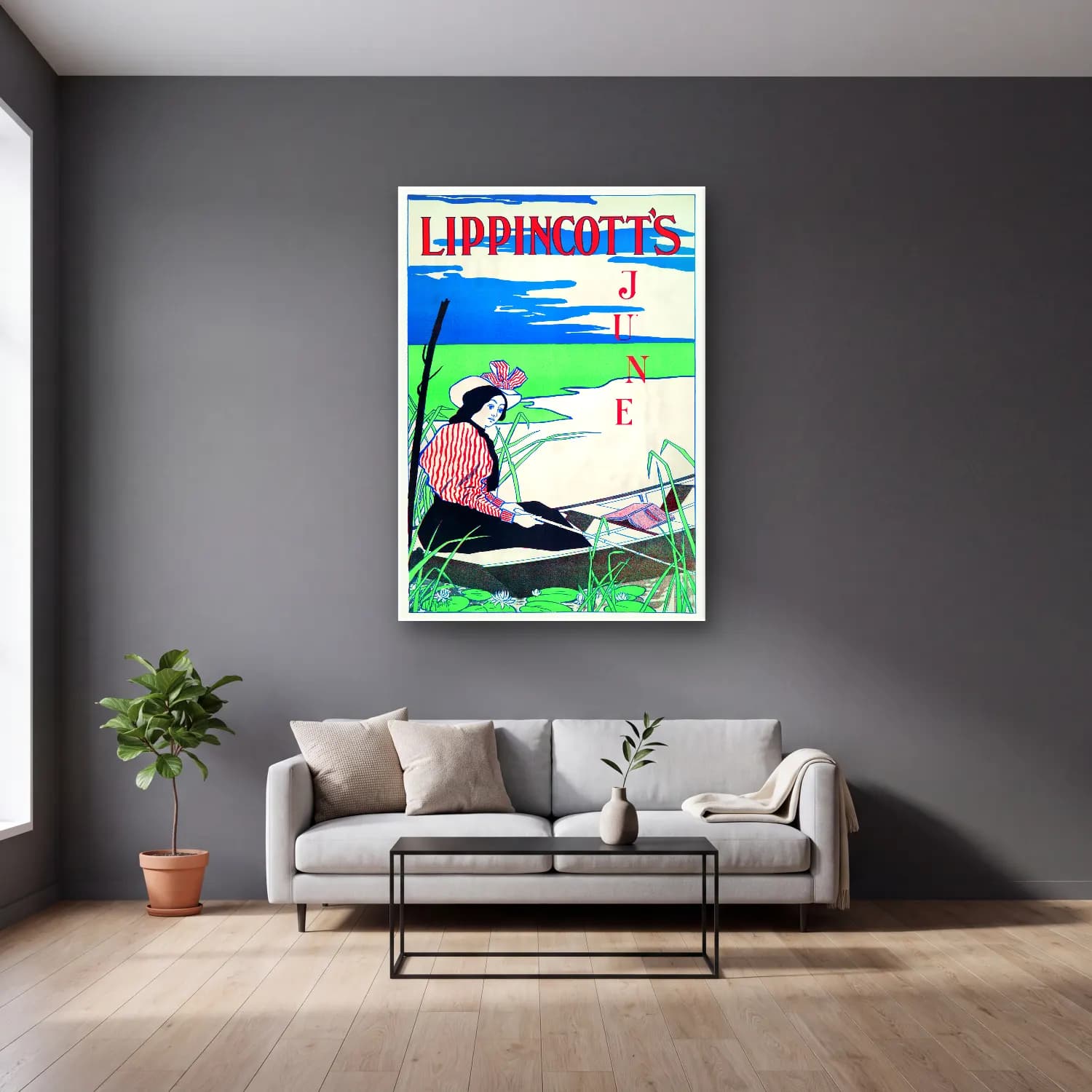 Vintage Poster Şapkalı Kadın No. 10 cam tablo — gri duvarlı salonda
