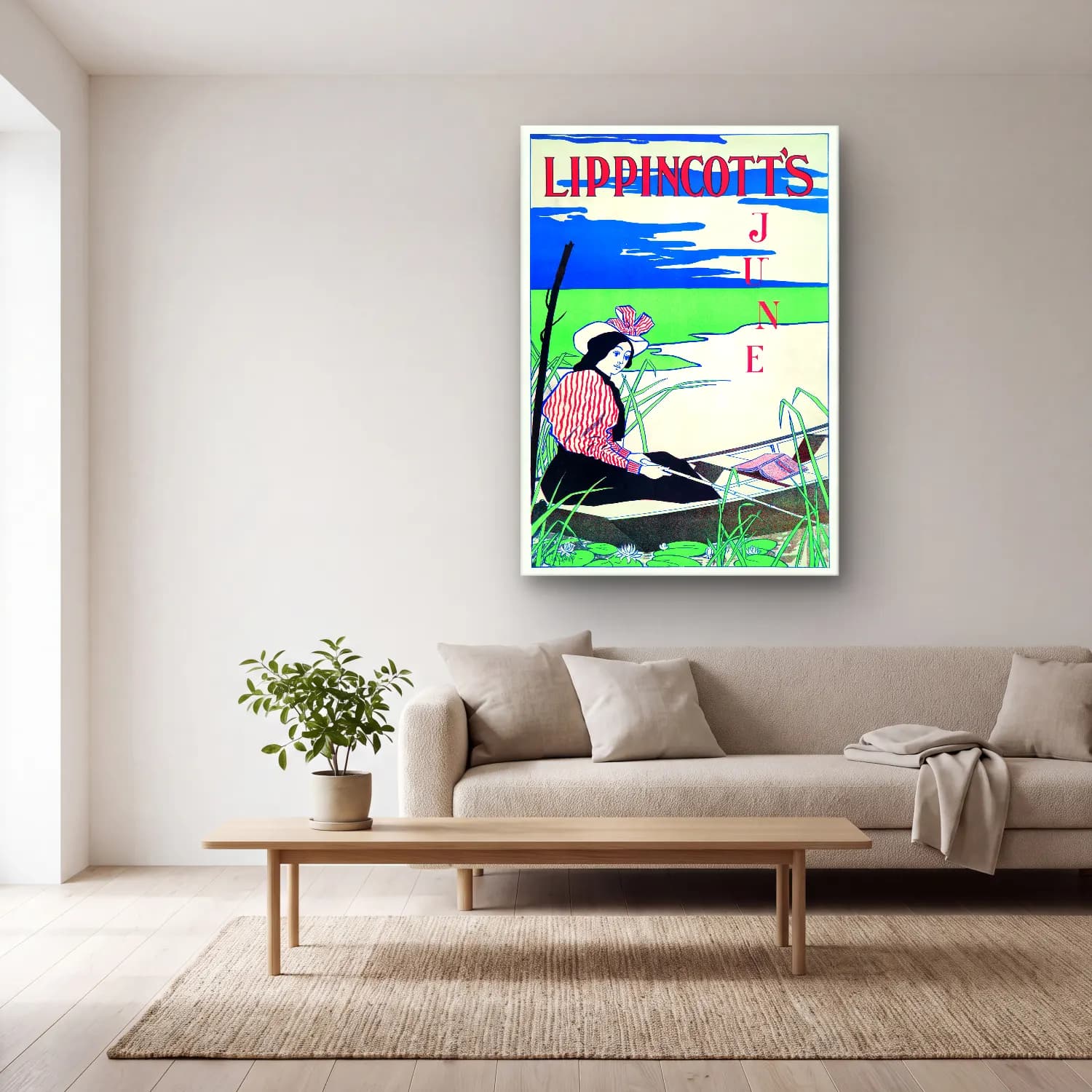 Vintage Poster Şapkalı Kadın No. 10 cam tablo — açık renk salonda