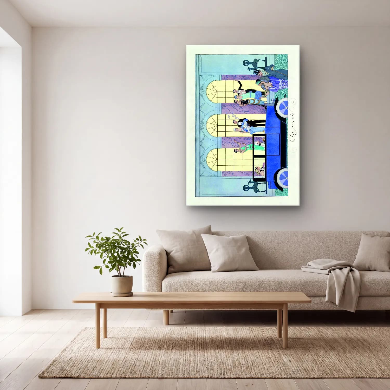 Vintage Poster Dansçılar – Mavi Tonlar cam tablo — açık renk salonda