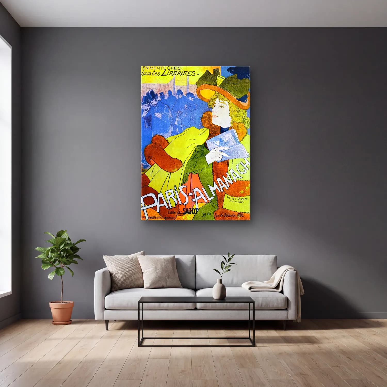 Vintage Poster Şapkalı Kadın No. 11 cam tablo — gri duvarlı salonda
