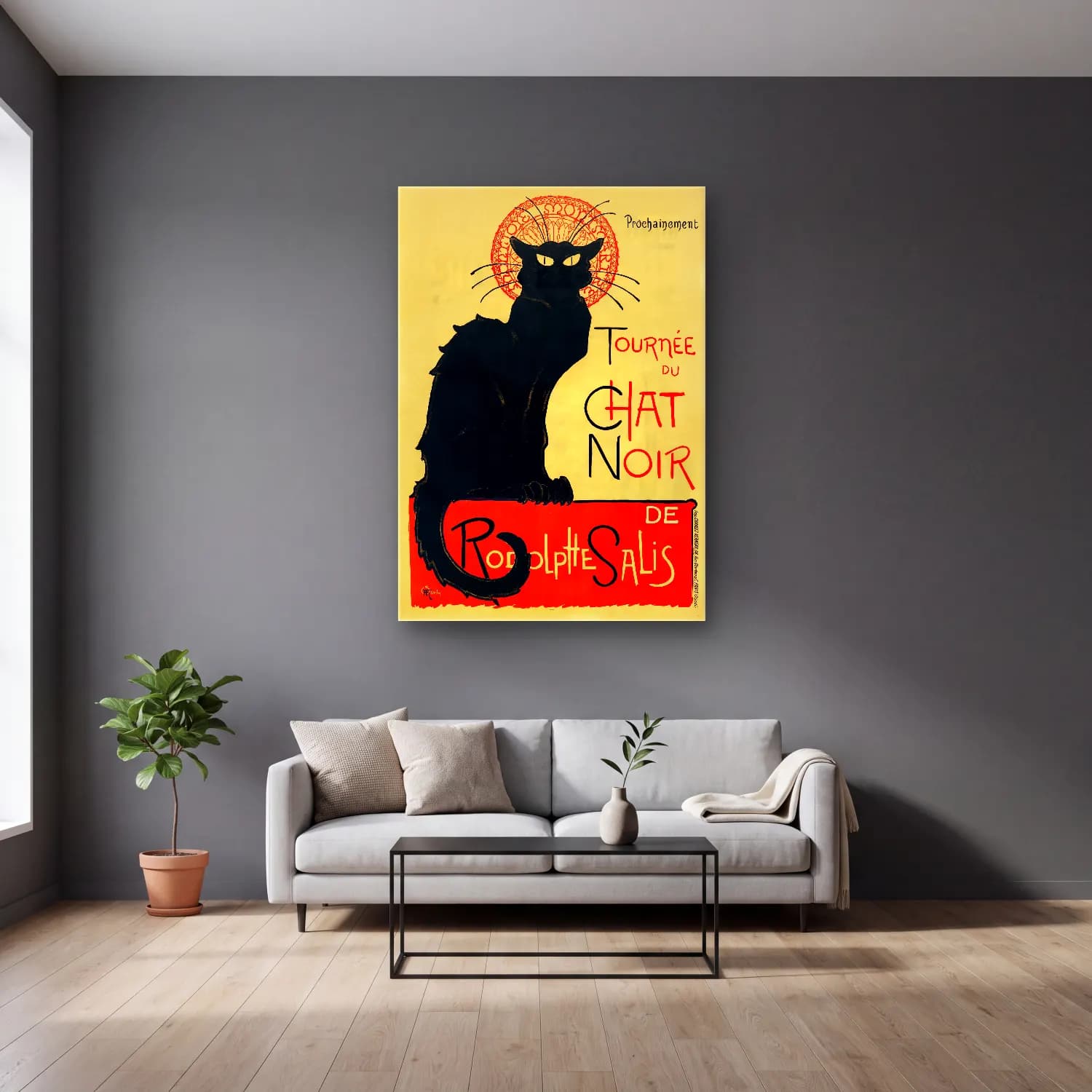 Vintage Poster Kedi No. 5 cam tablo — gri duvarlı salonda