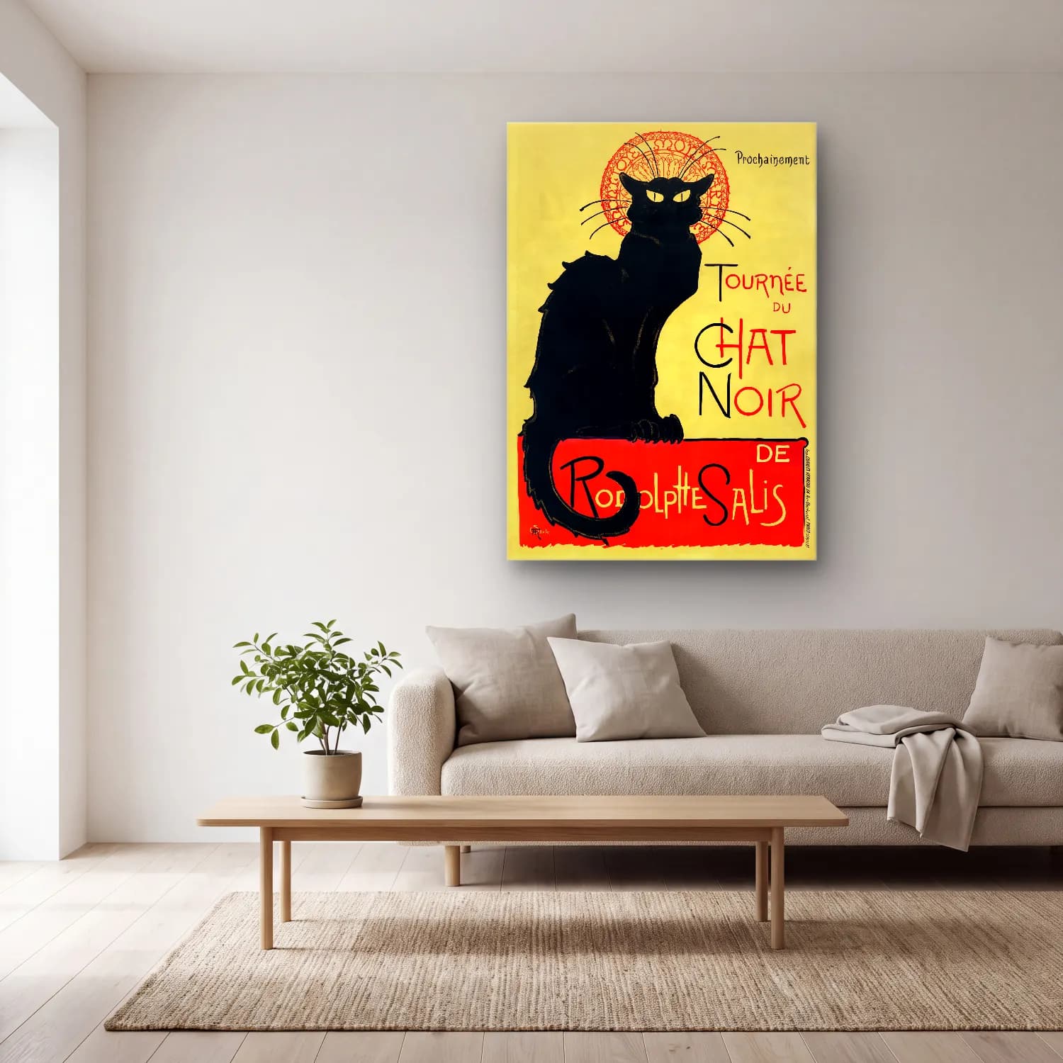 Vintage Poster Kedi No. 5 cam tablo — açık renk salonda