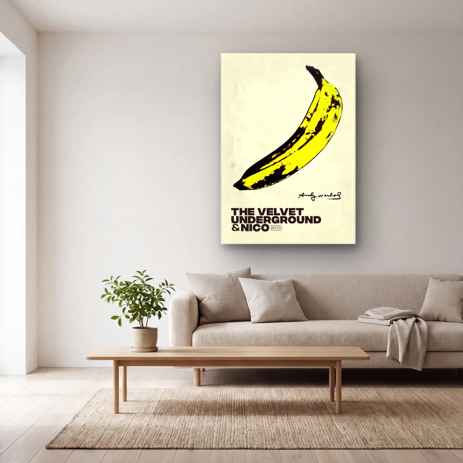 Vintage Poster Gitar cam tablo — açık renk salonda