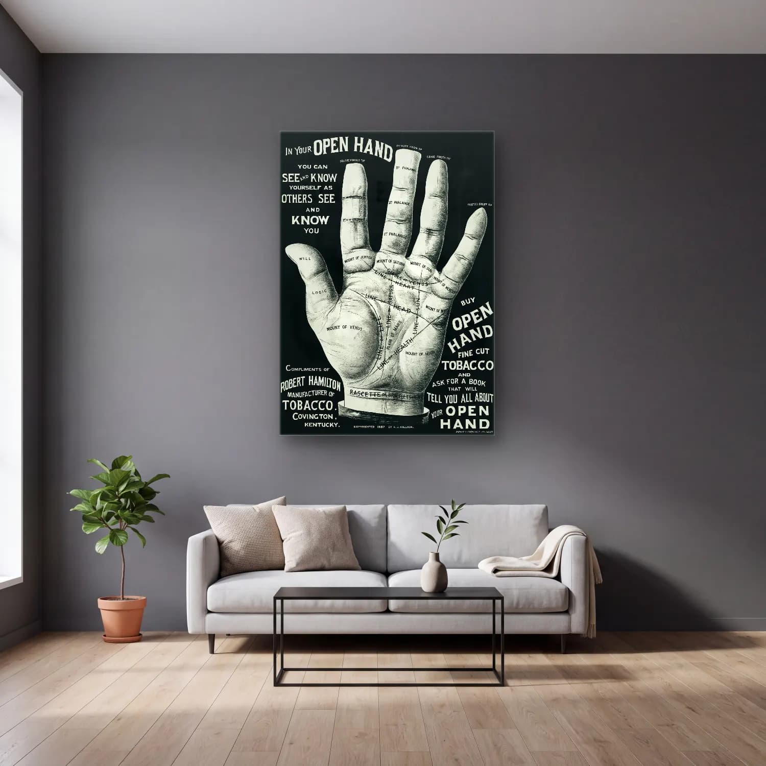 Vintage Poster Eller cam tablo — gri duvarlı salonda