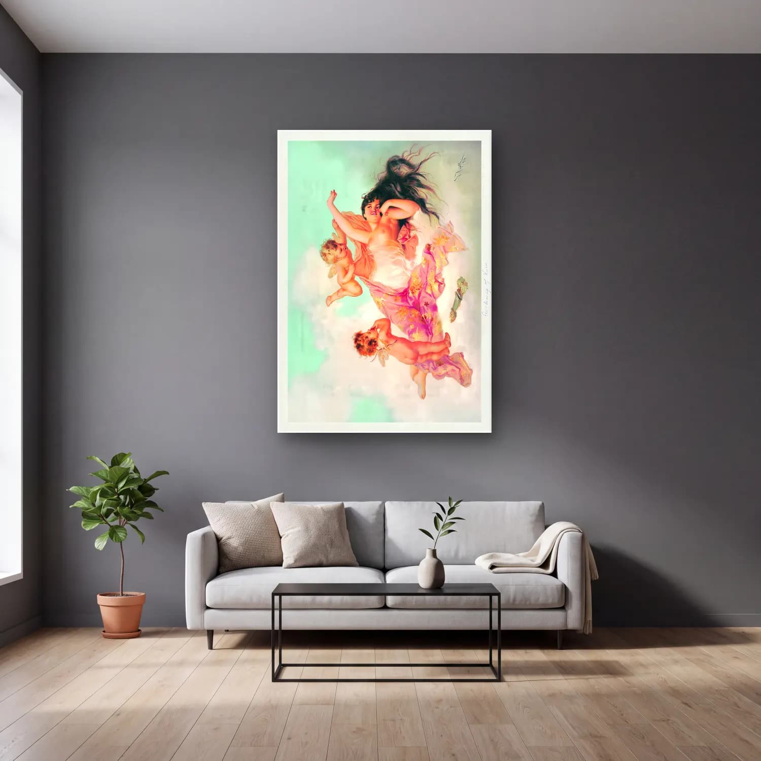 Pastel Melek – Pastel Tonlar cam tablo — gri duvarlı salonda