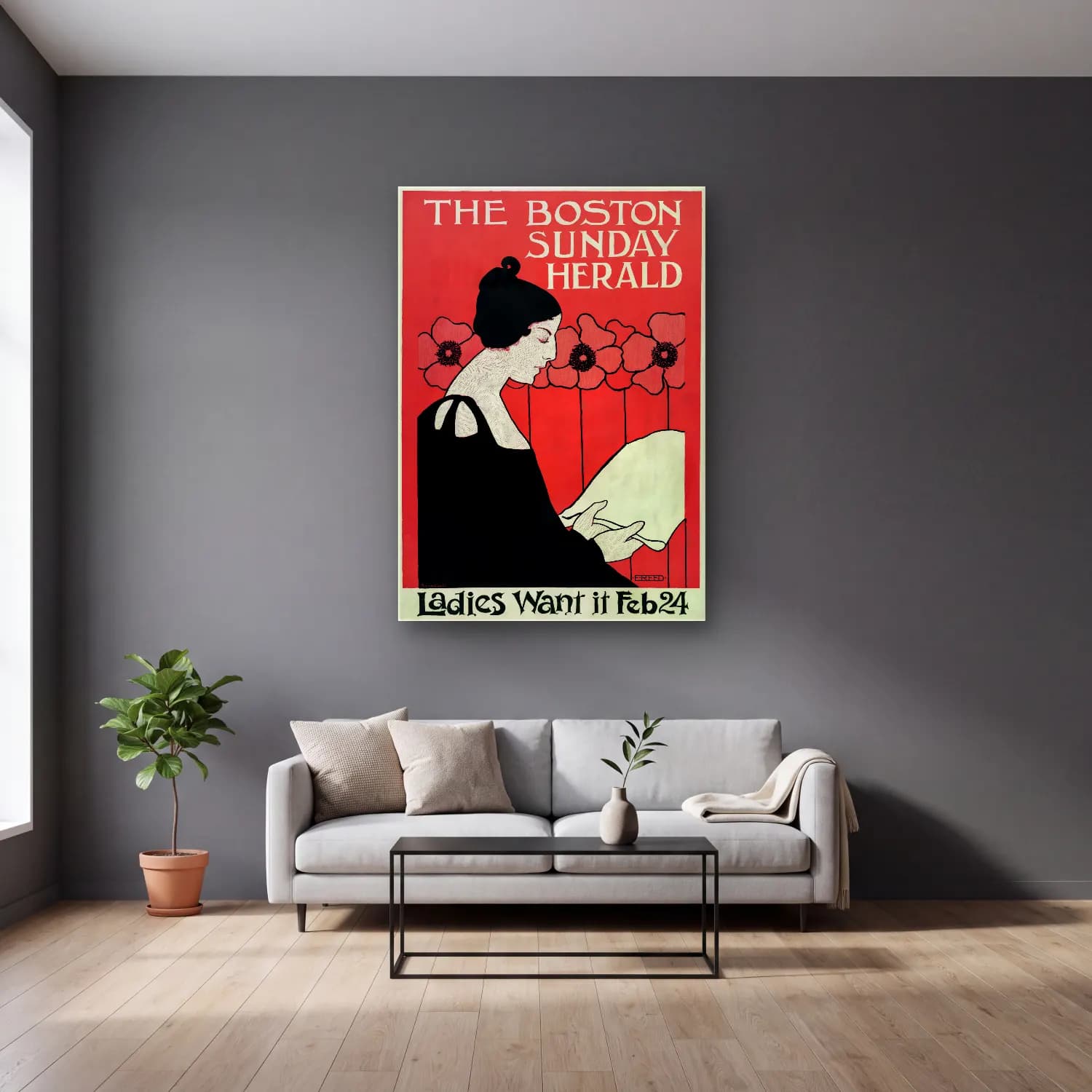 Vintage Poster Kitap Okuyan Kadın No. 13 cam tablo — gri duvarlı salonda