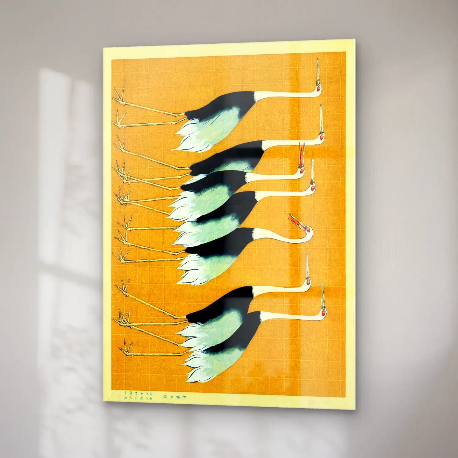 Vintage Poster Balıkçıl – Siyah Beyaz Tonlar cam tablo — sağ açıdan görünüm