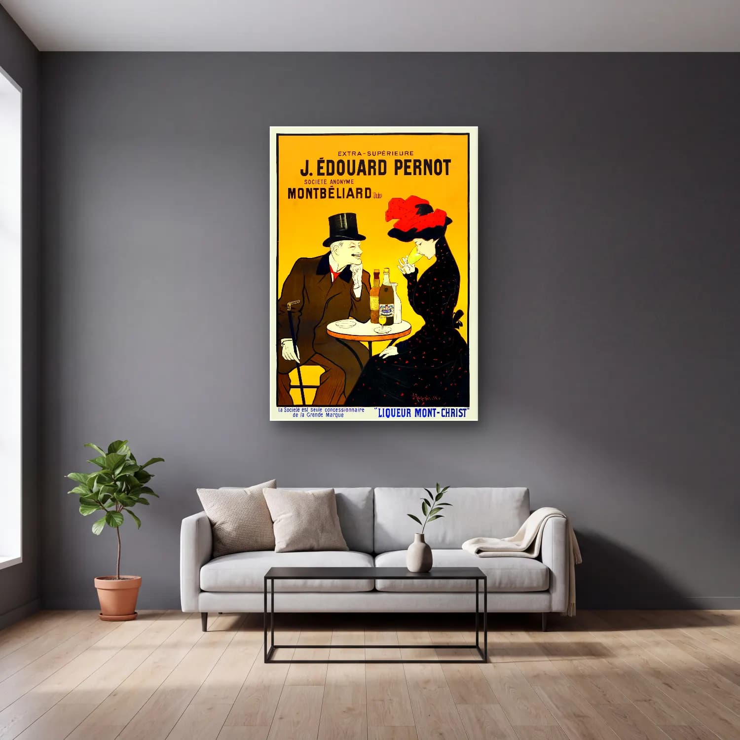 Vintage Poster Şampanya – Turuncu Tonlar cam tablo — gri duvarlı salonda