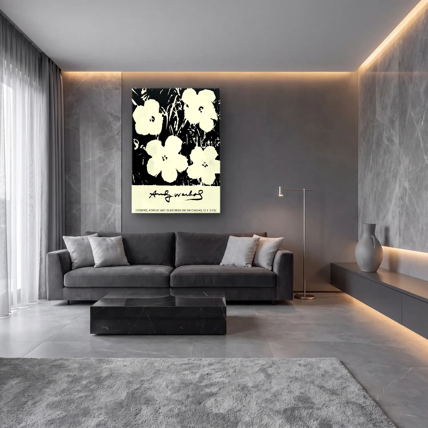 Siyah Beyaz Kır Çiçekleri No. 4 cam tablo — lüks salon duvarında