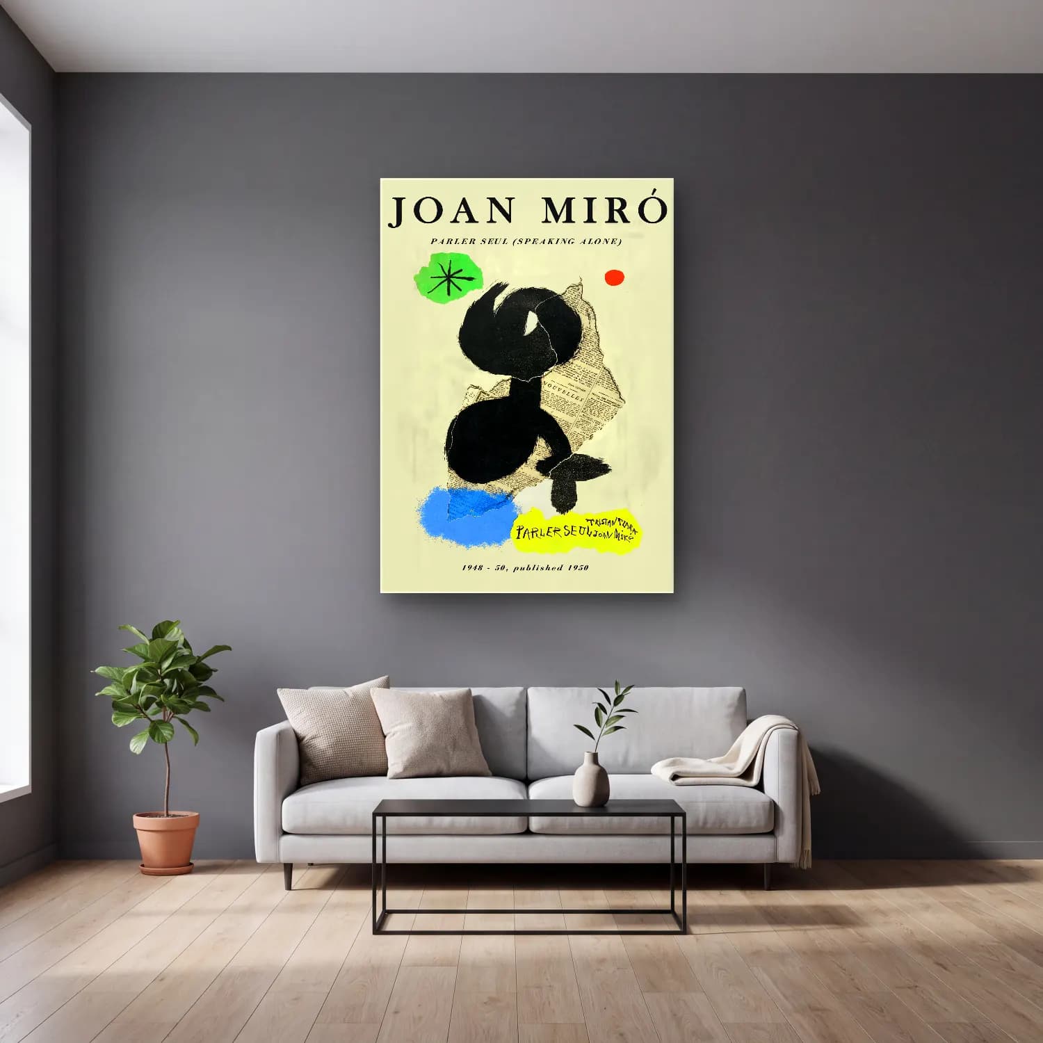 Vintage Poster Köpek No. 6 cam tablo — gri duvarlı salonda