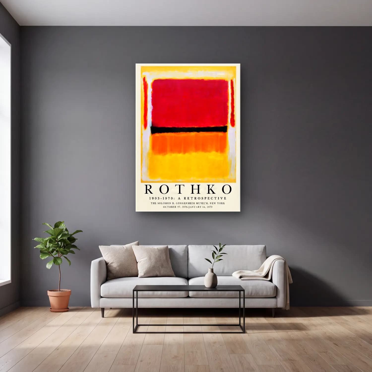 Bauhaus Renk Alanları No. 5 cam tablo — gri duvarlı salonda