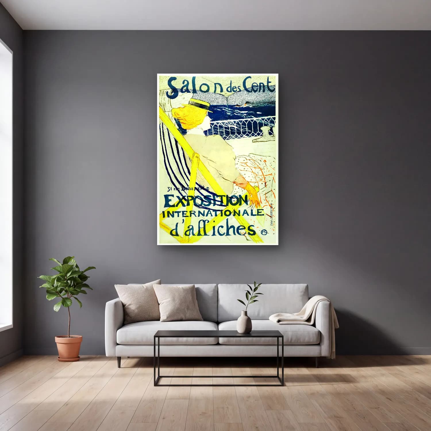 Vintage Poster Şapkalı Kadın No. 8 cam tablo — gri duvarlı salonda