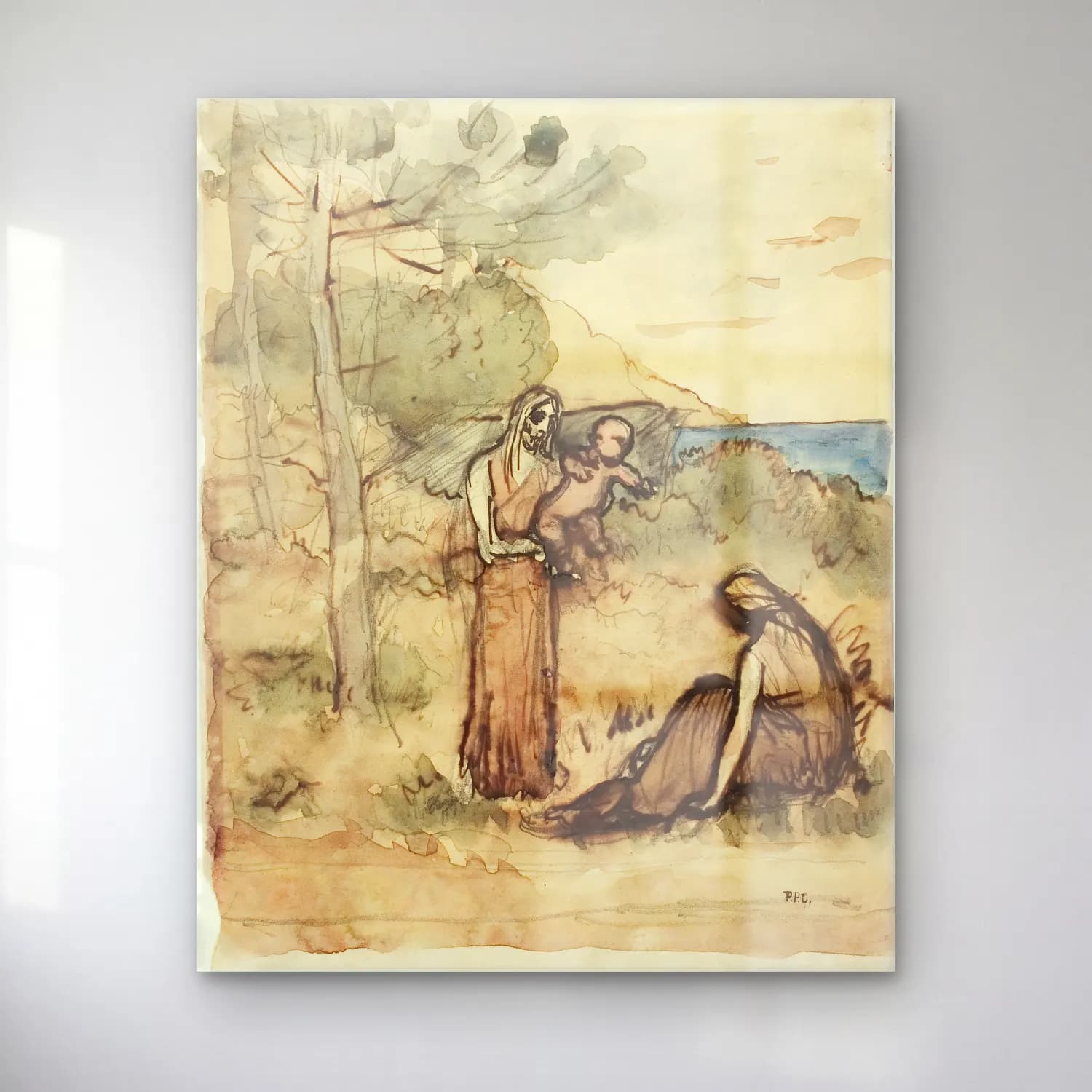 Suluboya Mitolojik Sahne – Bej Tonlar cam tablo — Suluboya Mitolojik Sahne – Bej Tonlar — suluboya mitolojik sahne