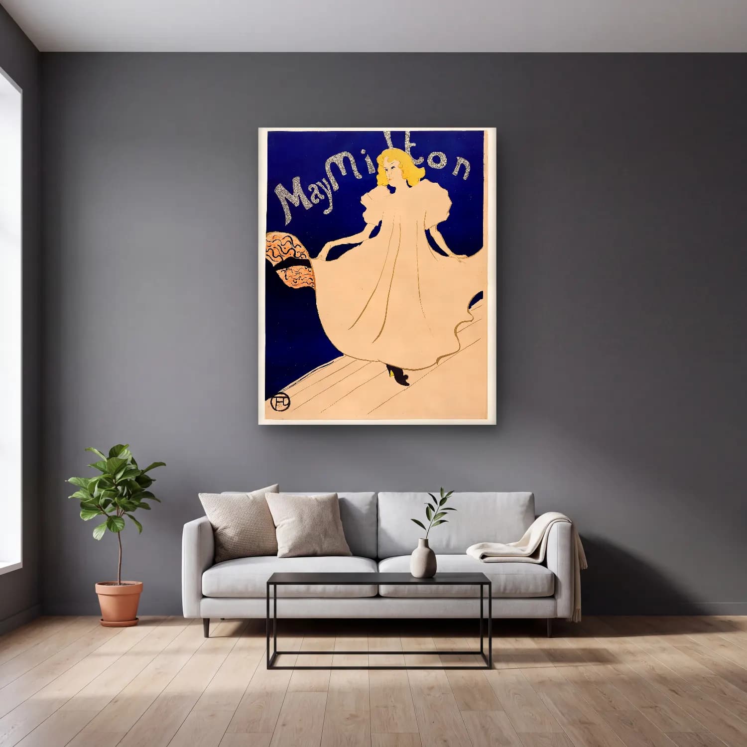 Henri de Toulouse-Lautrec – Elbiseli Kadın No. 7 cam tablo — gri duvarlı salonda
