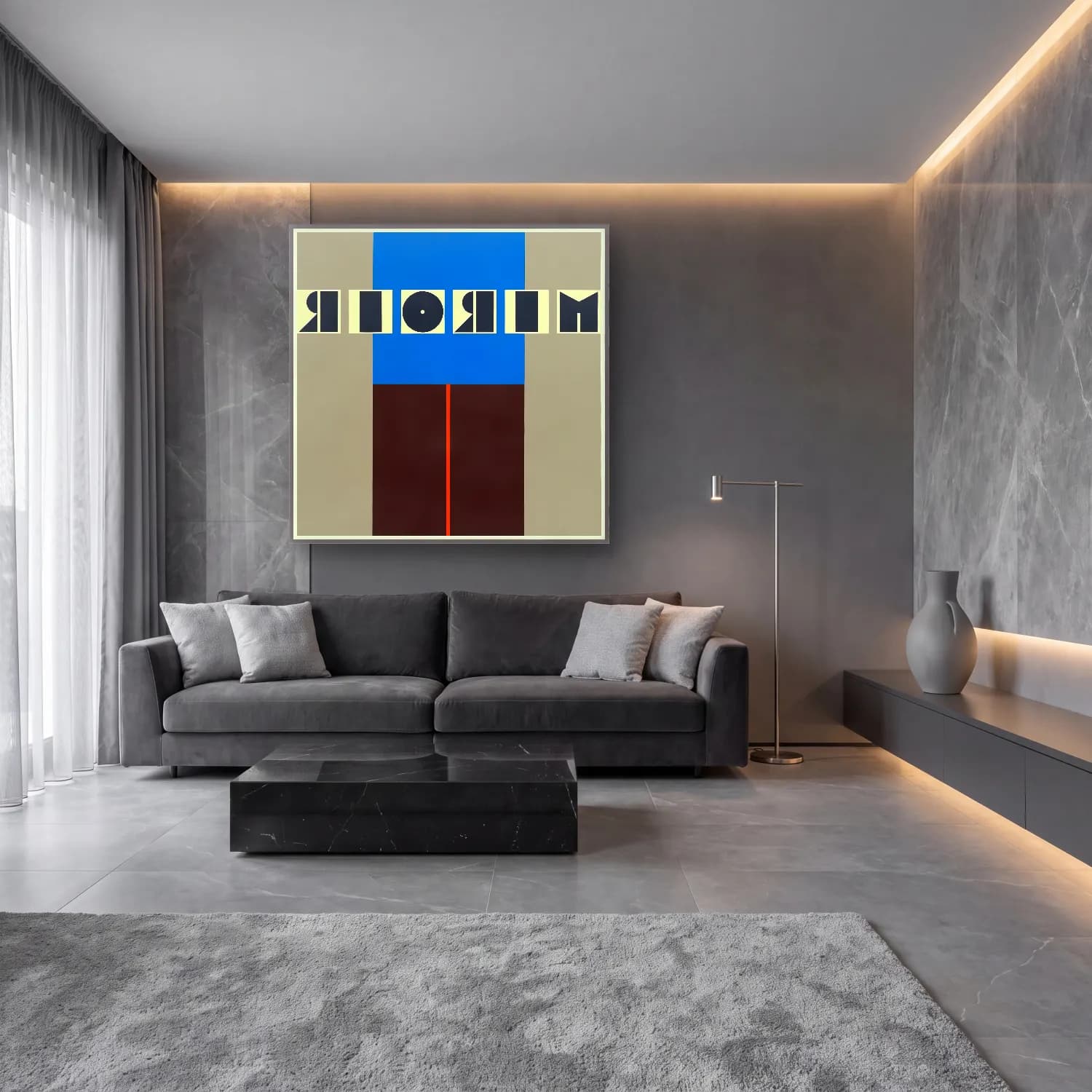 Bauhaus Yazılı Tasarım No. 14 cam tablo — lüks salon duvarında
