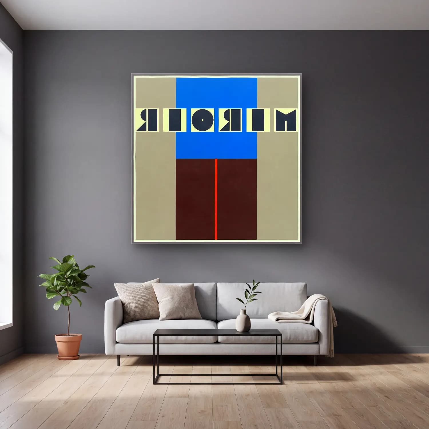 Bauhaus Yazılı Tasarım No. 14 cam tablo — gri duvarlı salonda