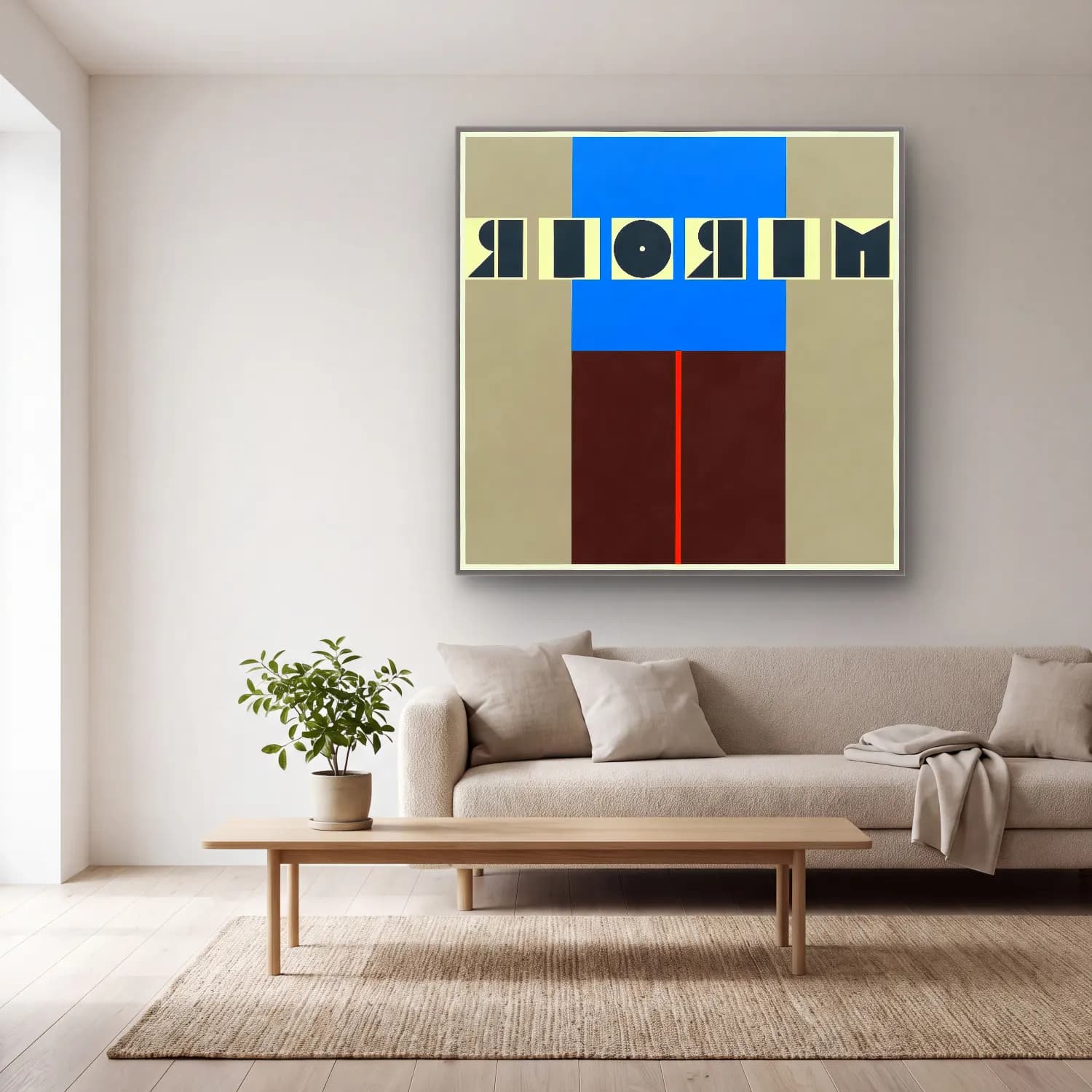 Bauhaus Yazılı Tasarım No. 14 cam tablo — açık renk salonda