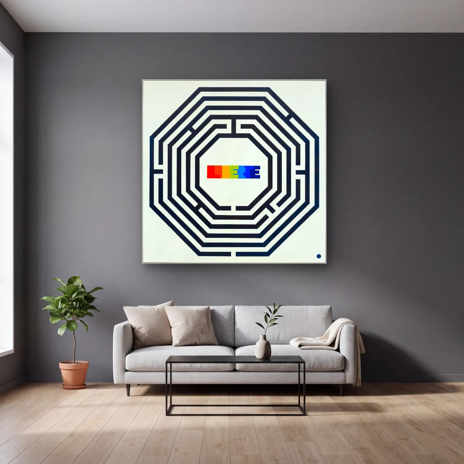 Bauhaus Geometrik Daireler No. 57 cam tablo — gri duvarlı salonda