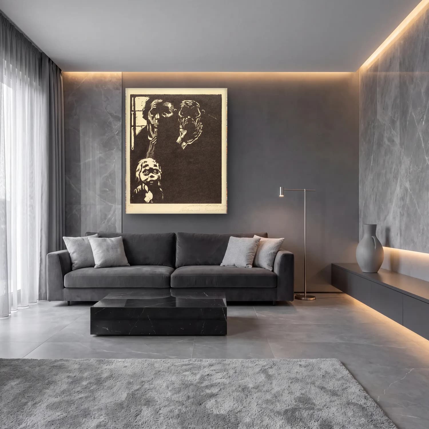 Siyah Beyaz Eller No. 7 cam tablo — lüks salon duvarında