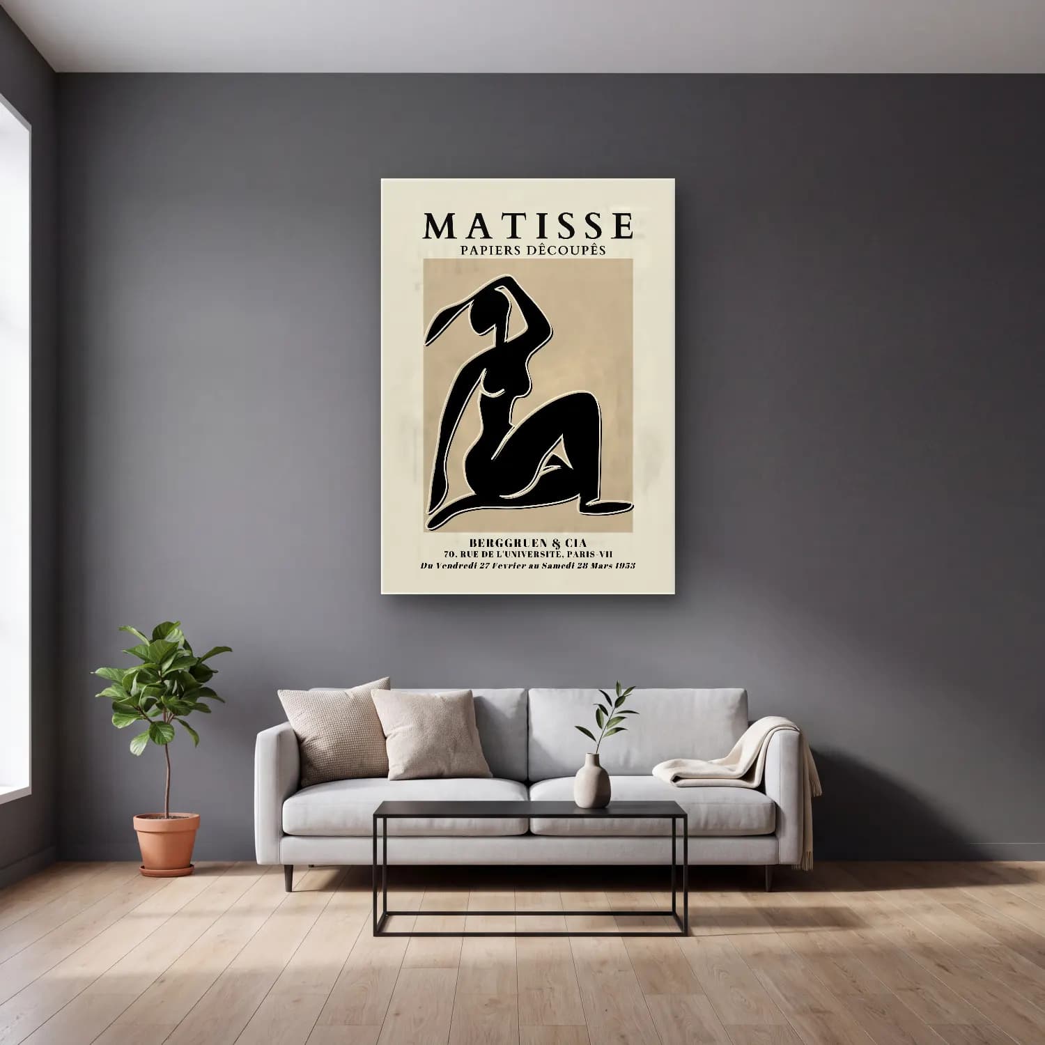 Henri Matisse – Figür Çalışması – Siyah Beyaz Tonlar cam tablo — gri duvarlı salonda