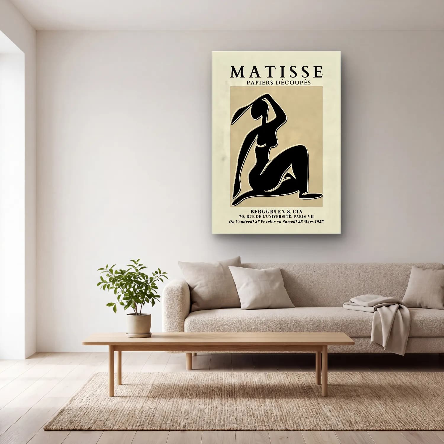 Henri Matisse – Figür Çalışması – Siyah Beyaz Tonlar cam tablo — açık renk salonda