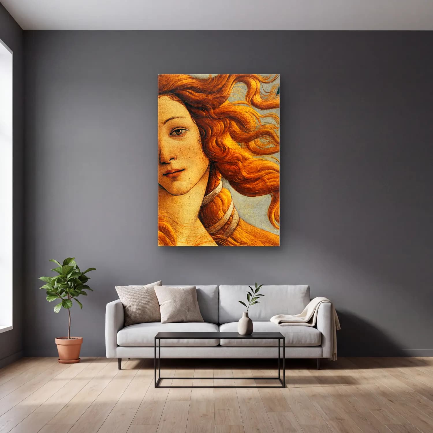 Sandro Botticelli – Kadın Portresi No. 7 cam tablo — gri duvarlı salonda
