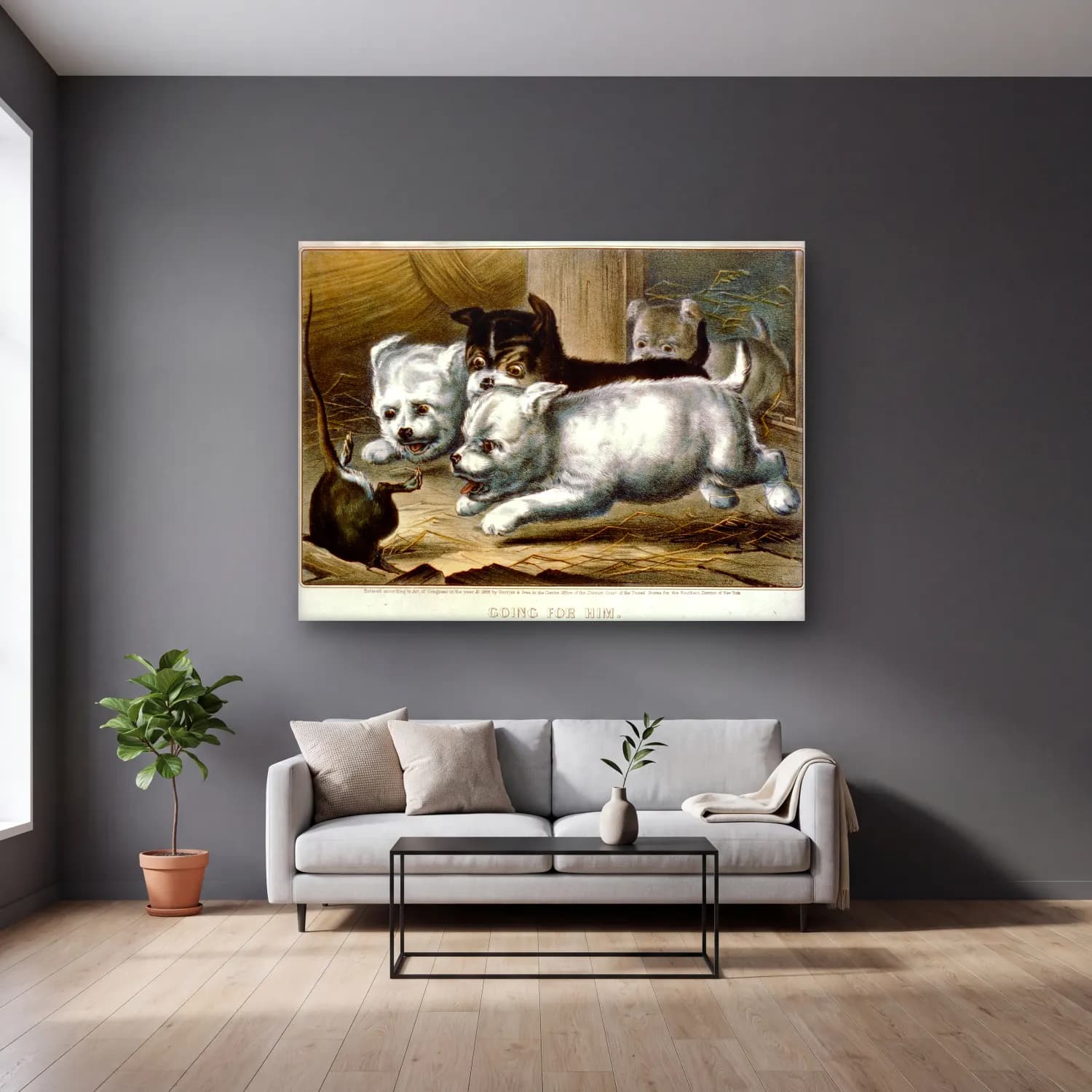 Vintage Köpek No. 20 cam tablo — gri duvarlı salonda