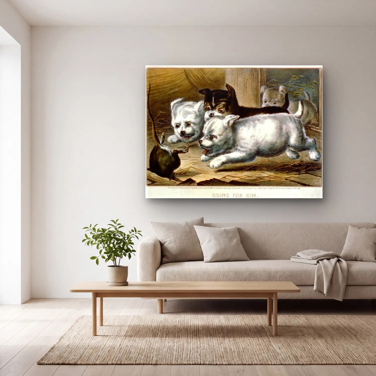 Vintage Köpek No. 20 cam tablo — açık renk salonda