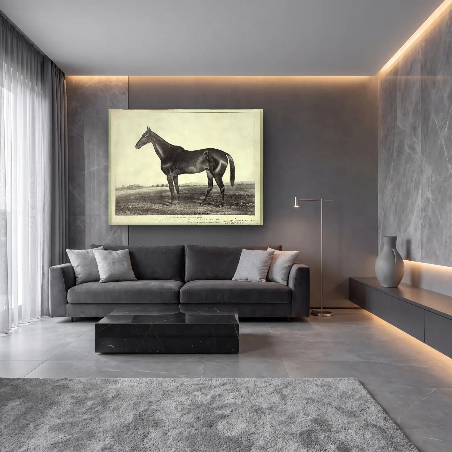 Siyah Beyaz At cam tablo — lüks salon duvarında