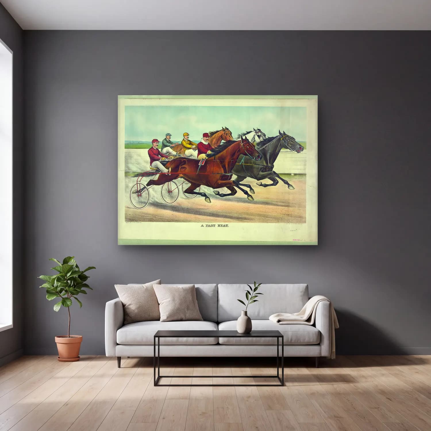 Vintage At No. 22 cam tablo — gri duvarlı salonda