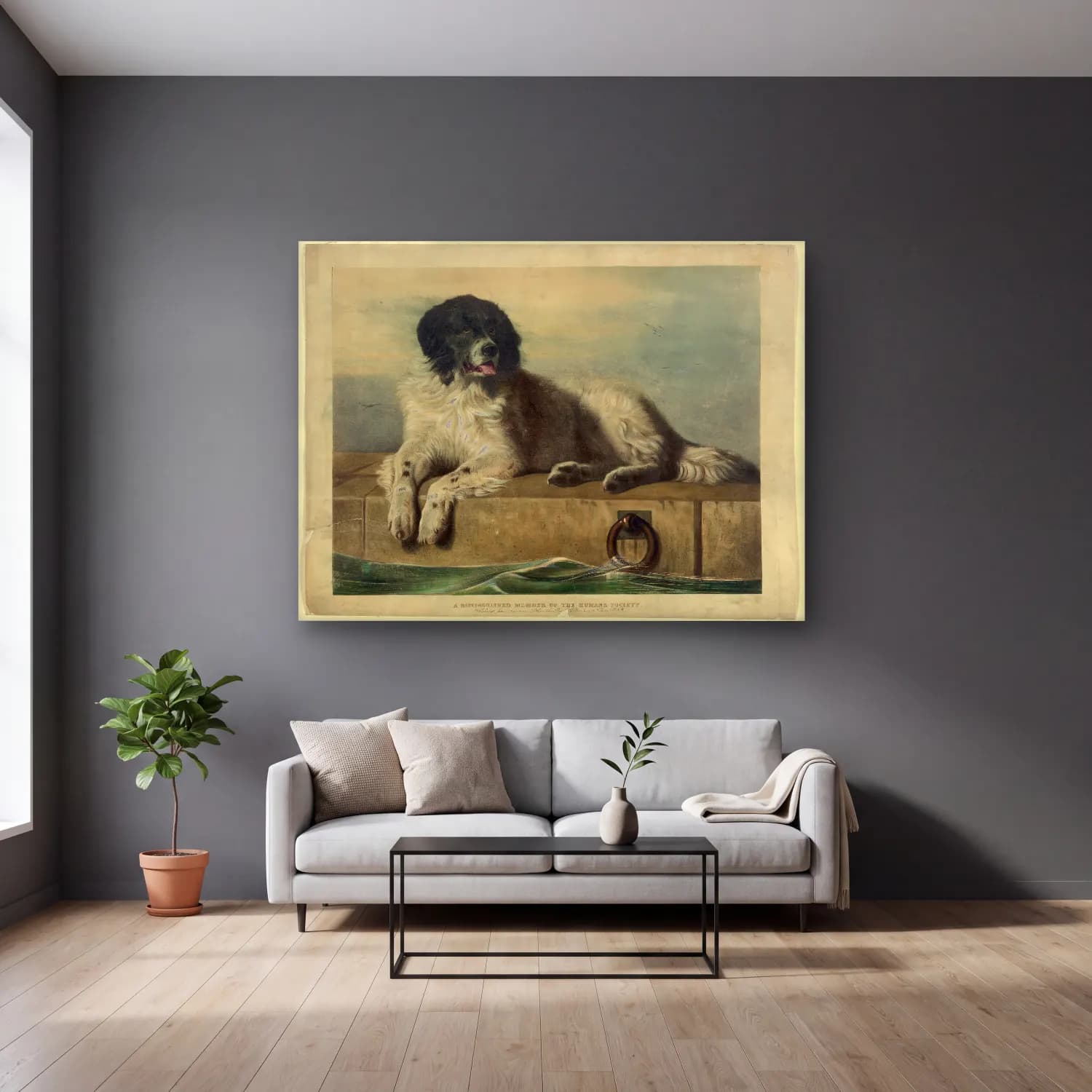 Vintage Köpek No. 22 cam tablo — gri duvarlı salonda