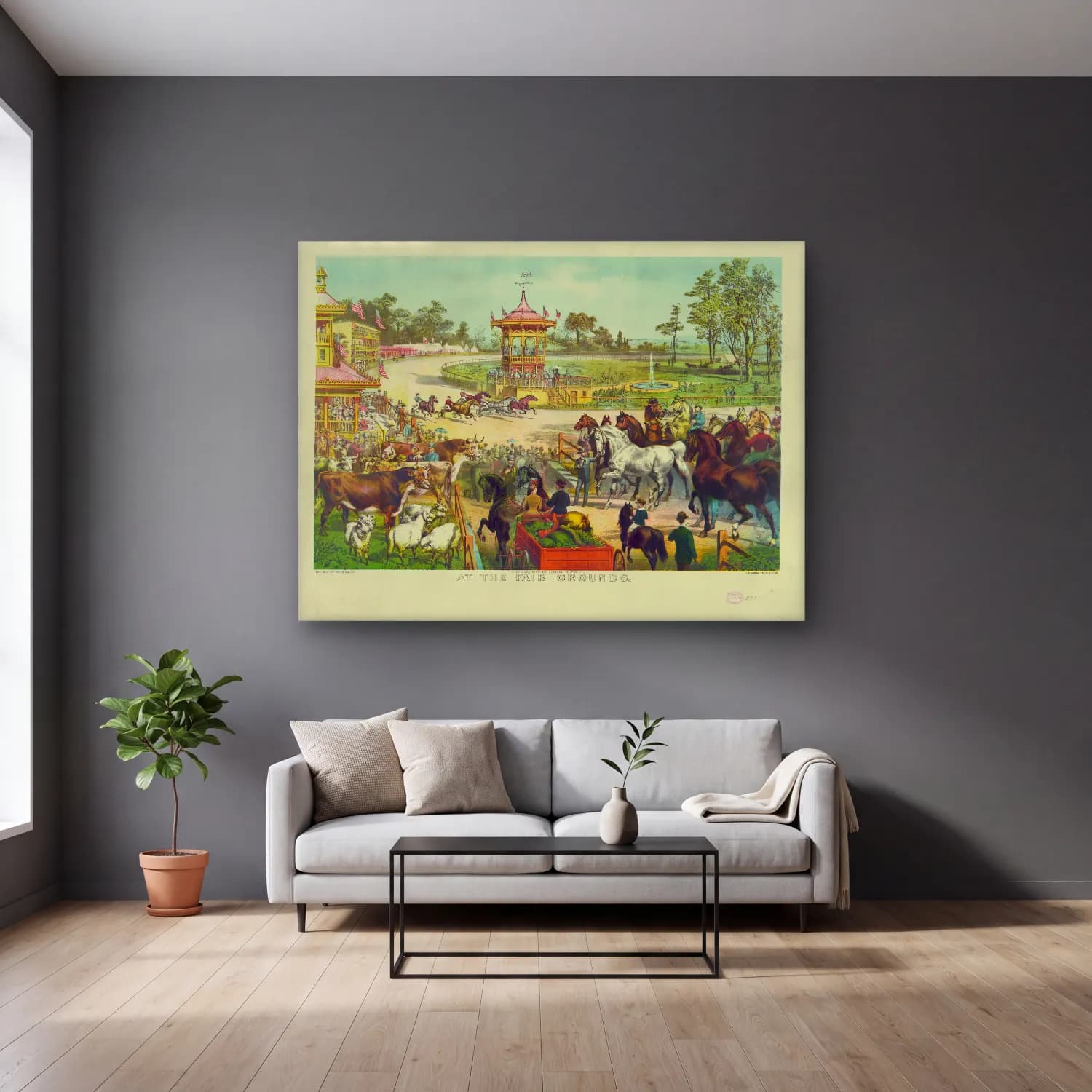 Vintage At No. 27 cam tablo — gri duvarlı salonda