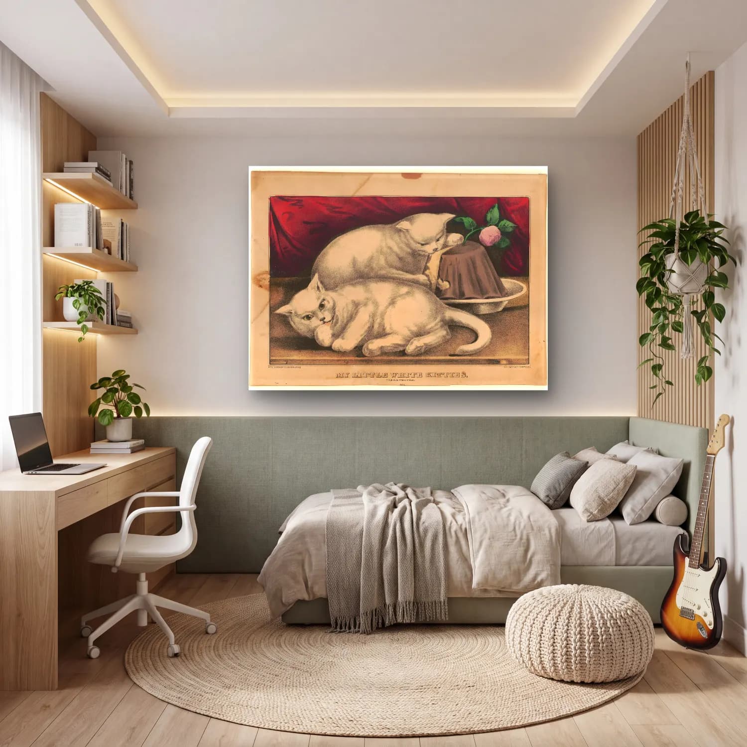 Vintage Kedi No. 29 cam tablo — genç odasında
