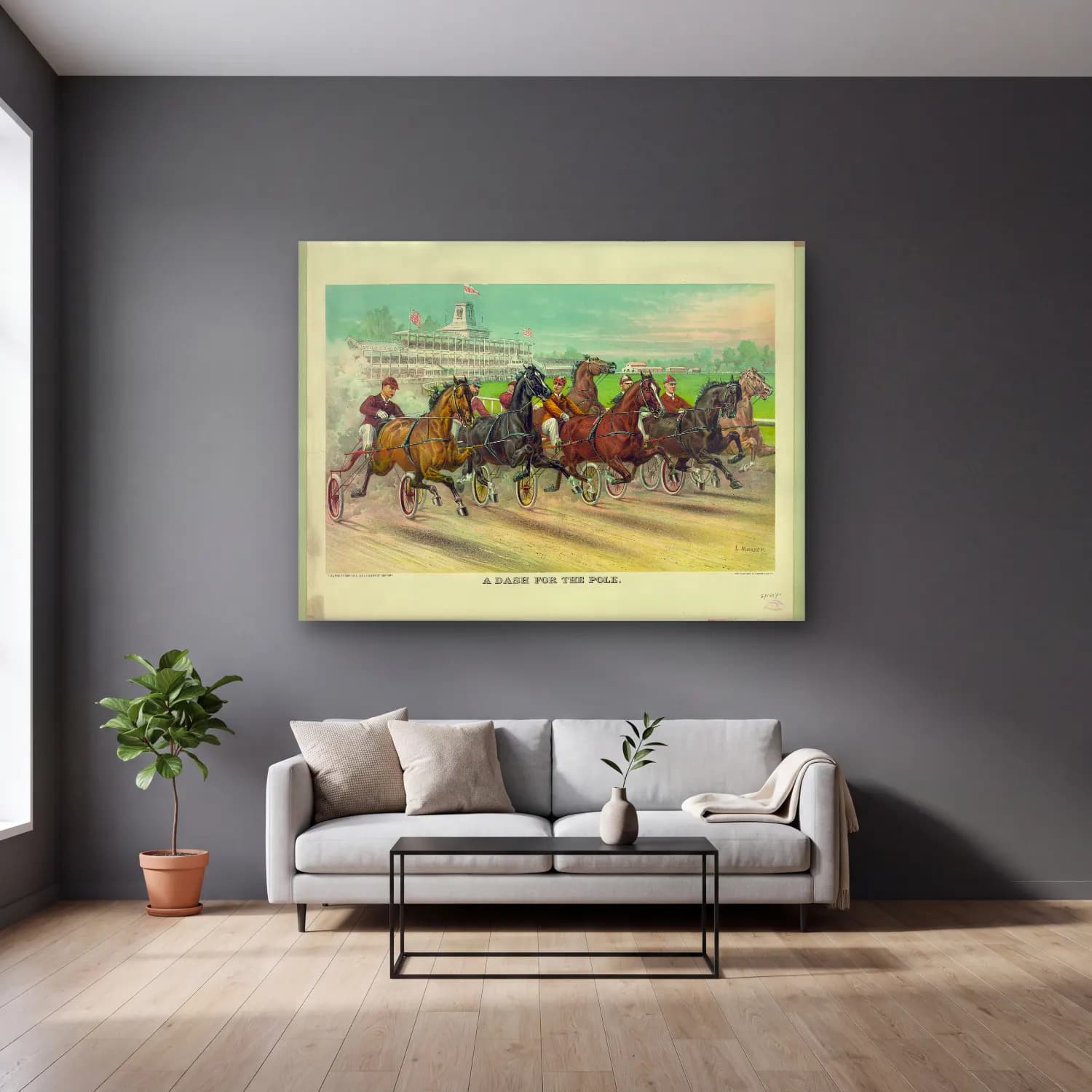 Vintage At No. 28 cam tablo — gri duvarlı salonda