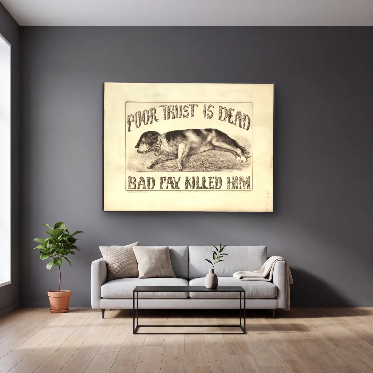 Vintage Poster Köpek No. 8 cam tablo — gri duvarlı salonda