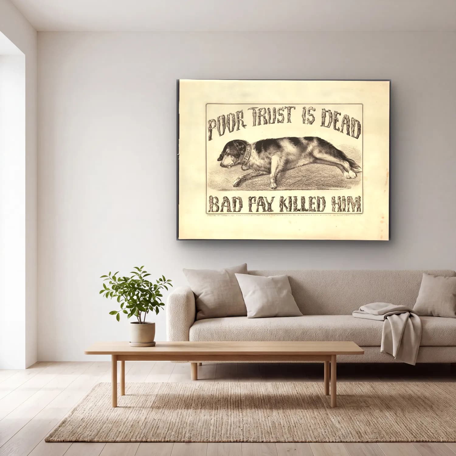 Vintage Poster Köpek No. 8 cam tablo — açık renk salonda