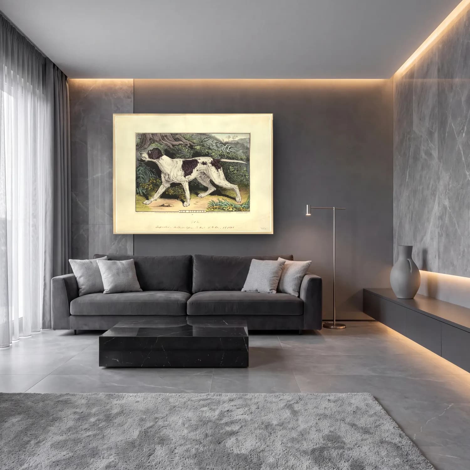 Vintage Köpek No. 24 cam tablo — lüks salon duvarında