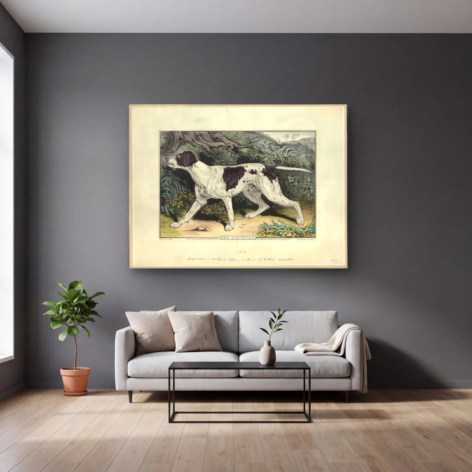 Vintage Köpek No. 24 cam tablo — gri duvarlı salonda
