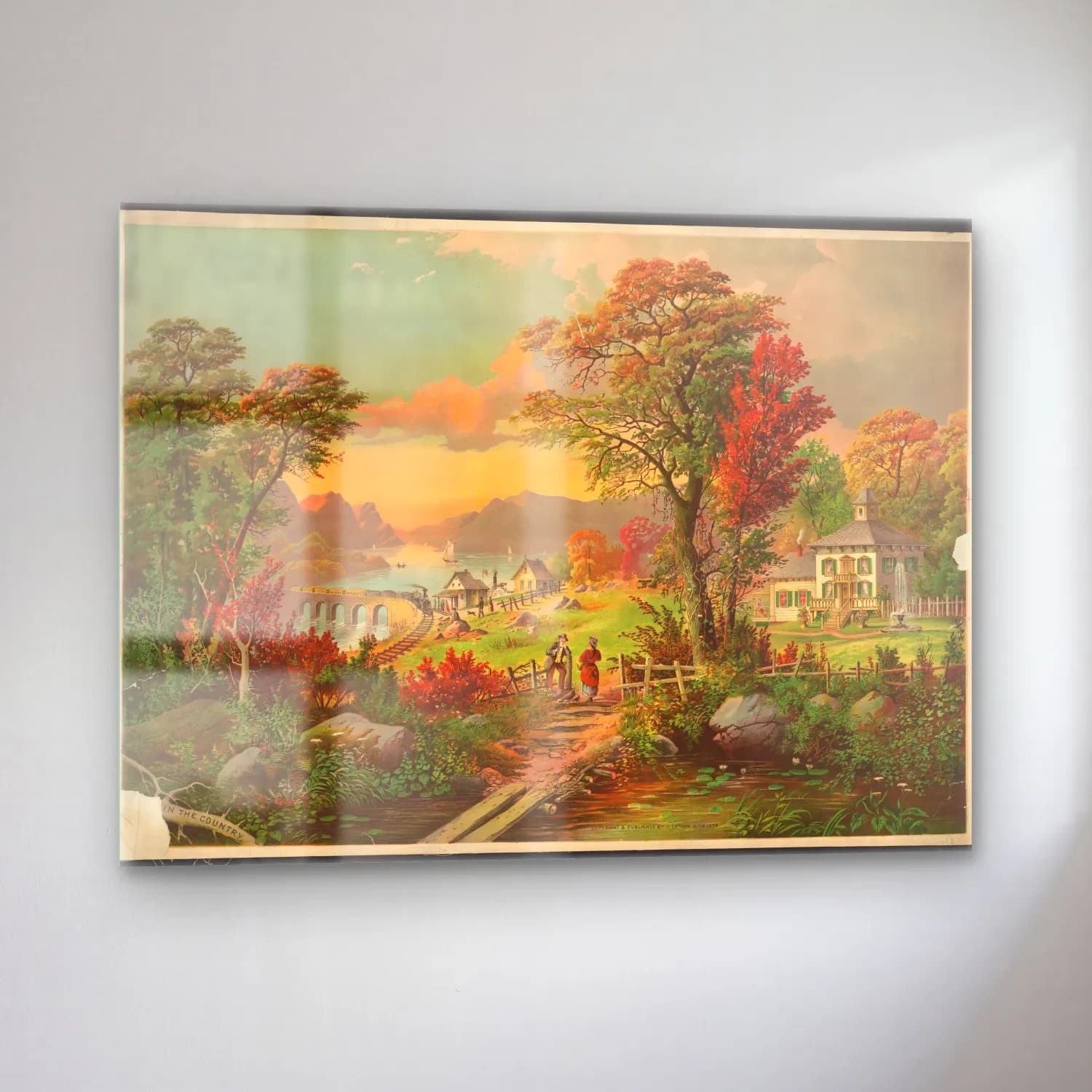 Vintage Poster Köy Sokağı – Turuncu Tonlar cam tablo — sol açıdan görünüm