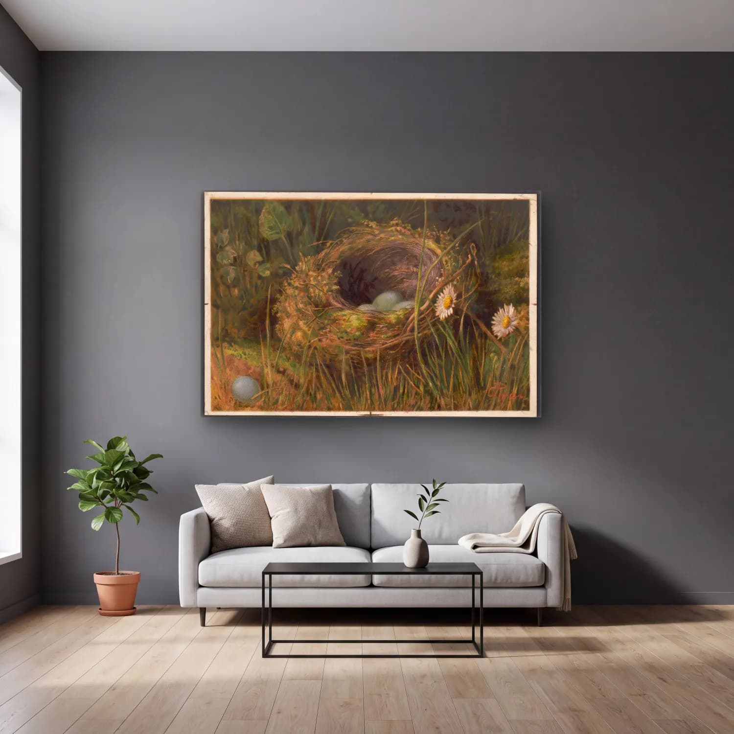 Vintage Sepette Mantarlar – Pastel Tonlar cam tablo — gri duvarlı salonda