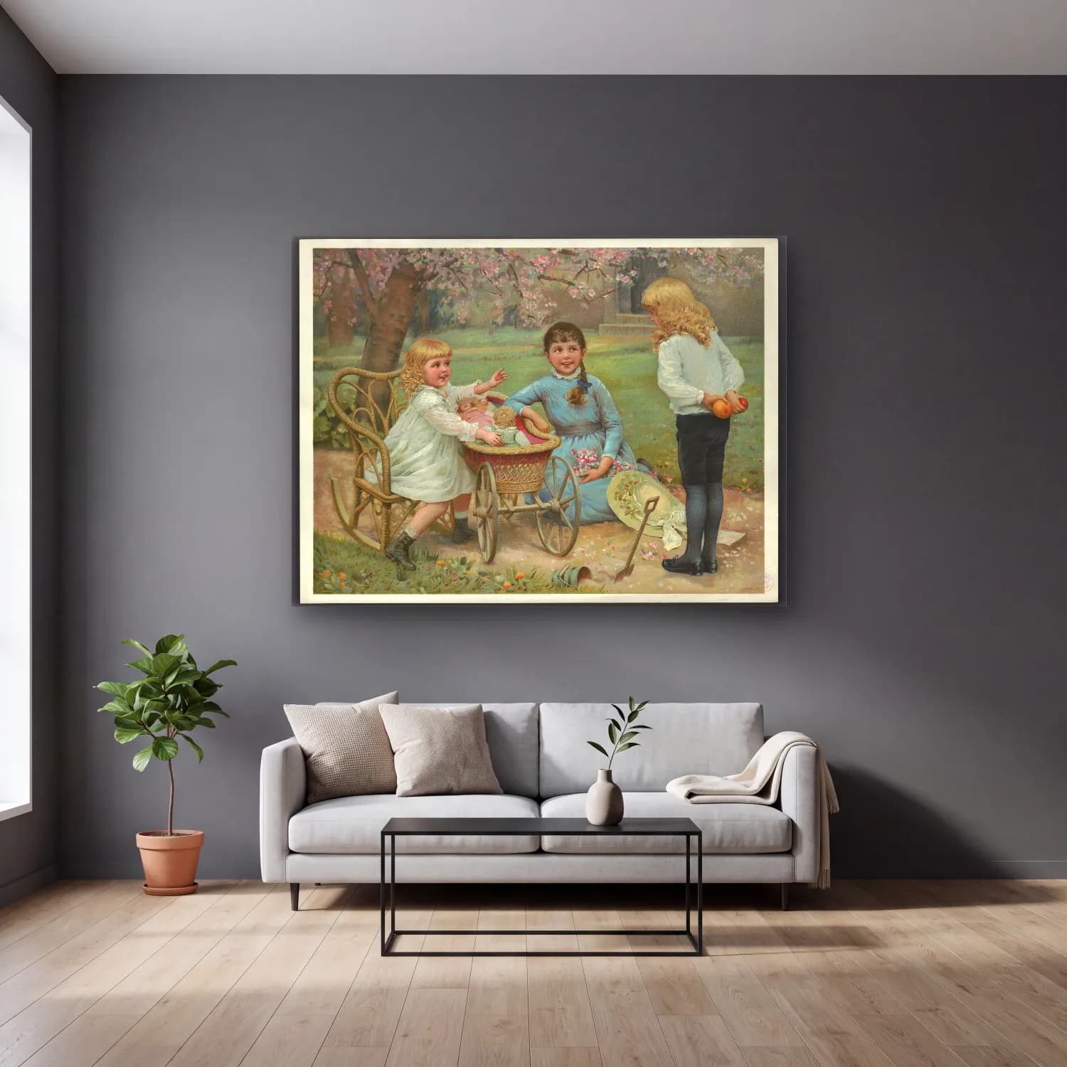 Vintage Çiçek Pazarı – Pastel Tonlar cam tablo — gri duvarlı salonda