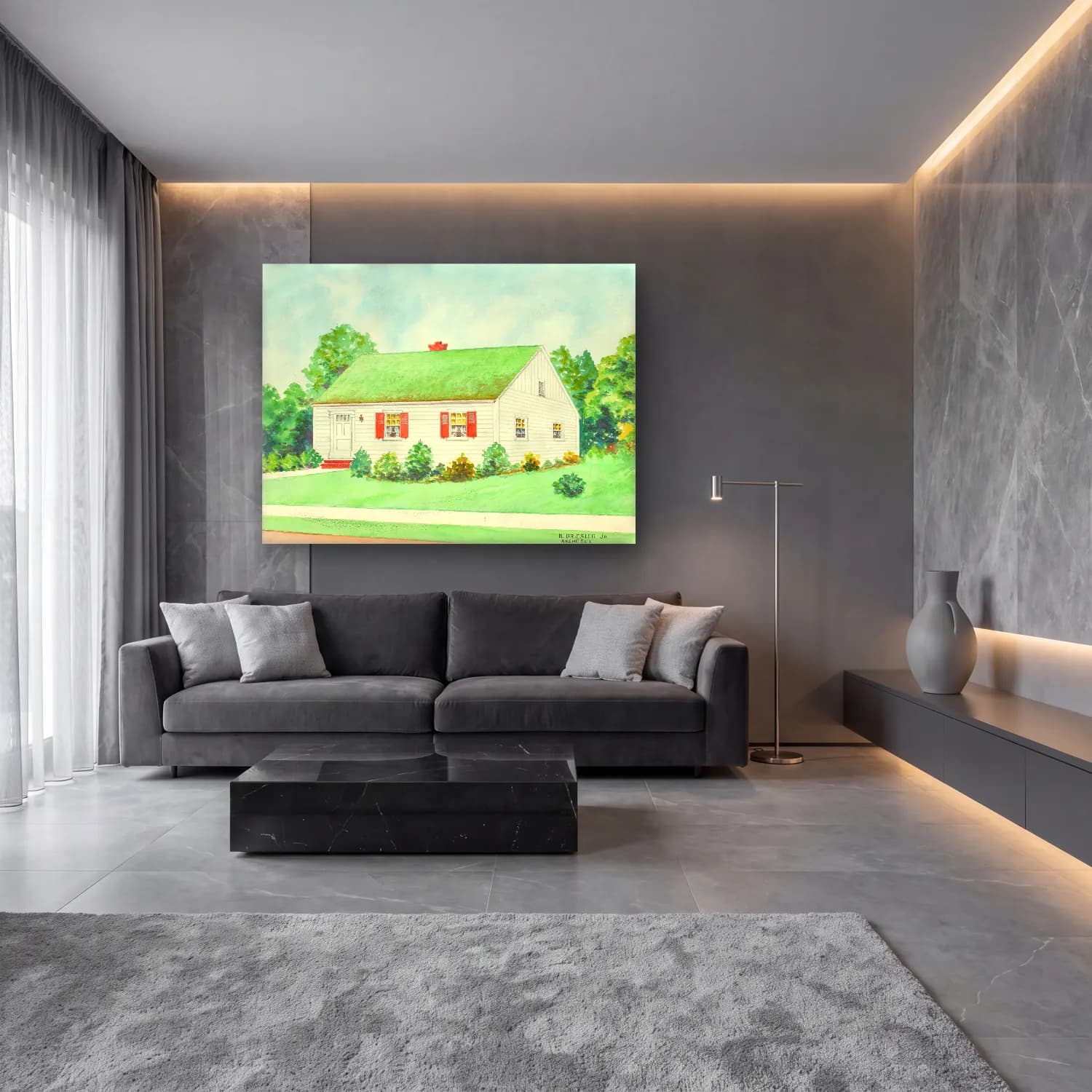 Suluboya Kır Evi – Yeşil Tonlar cam tablo — lüks salon duvarında